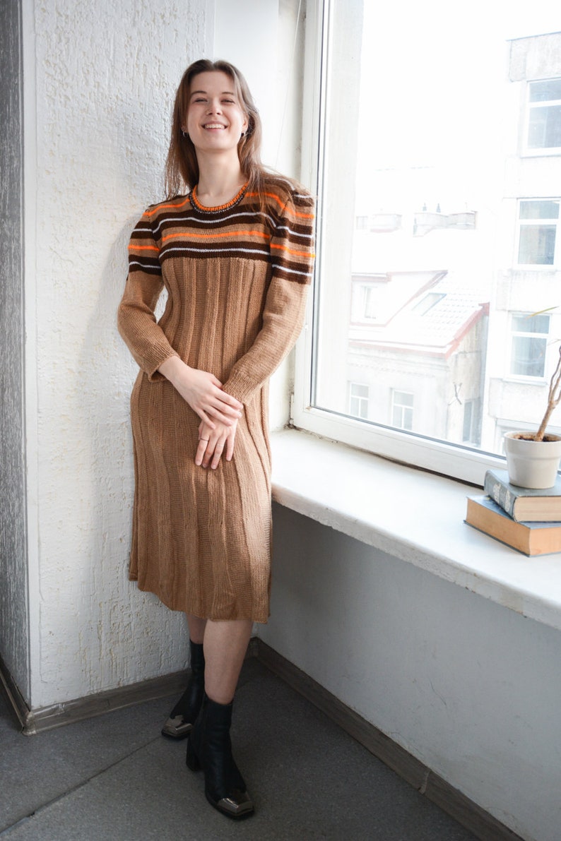 Vintage 70's Brown Hand Knitted Puff Sleeved Midi Dress image 2