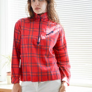 Vintage 70&#39;s Red Checked Cotton Western Style Bohemian High Collar Top