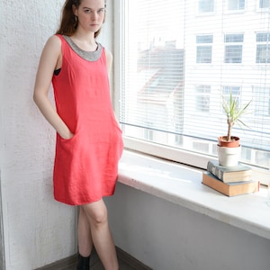 Vintage Roten Leinen Perlen Kragen Mini Kleid