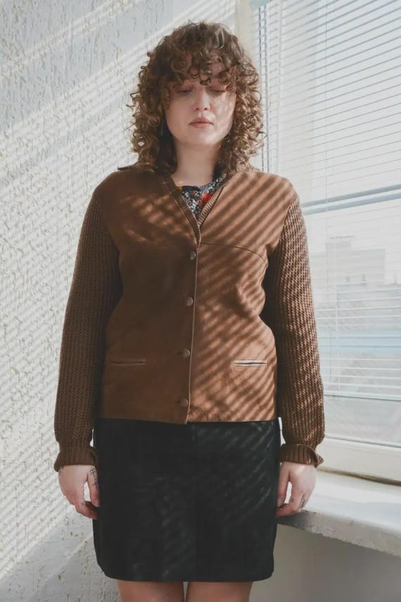Vintage 1970s Bohemian Brown Knit Soft Suede Front Cardigan
