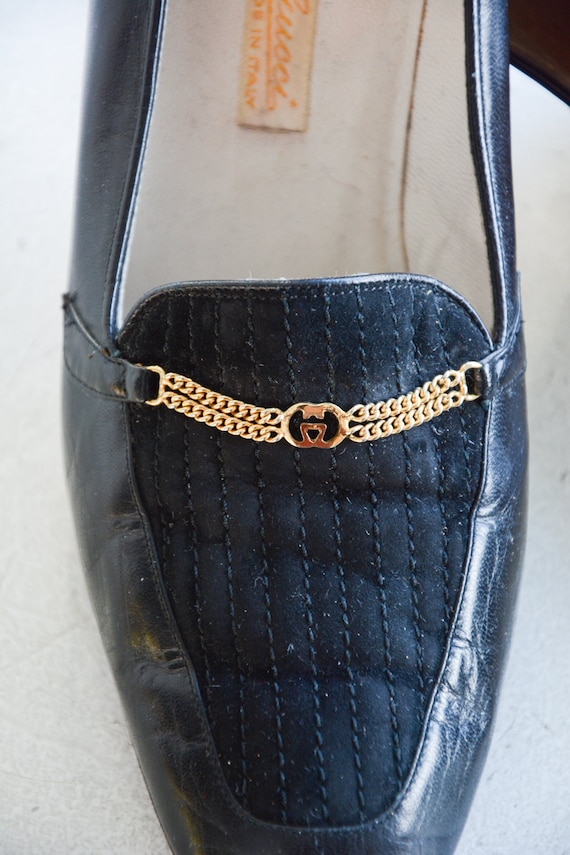 ヴィンテージ 70 年代 GUCCI ブラック レザー/スエード チェーン 