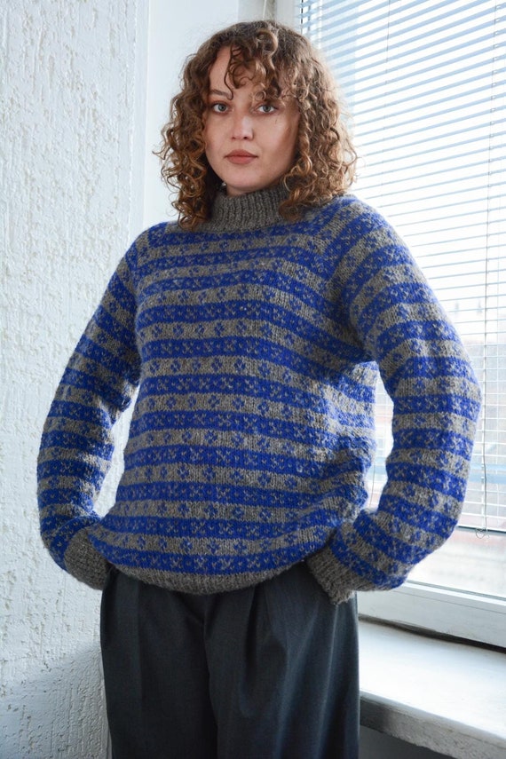 Vintage Grey/blue Hand Knitted Wool Pullover Jumper - Etsy