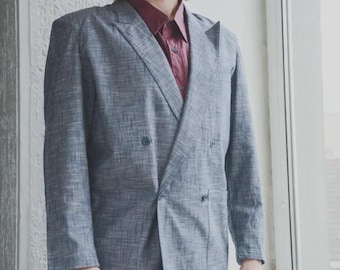 Vintage Blue Double Breasted Blazer | Made in Italy Cotton Rayon Jacket | Size L | Retro Navy Blue Sport Coat with Shoulder Pads