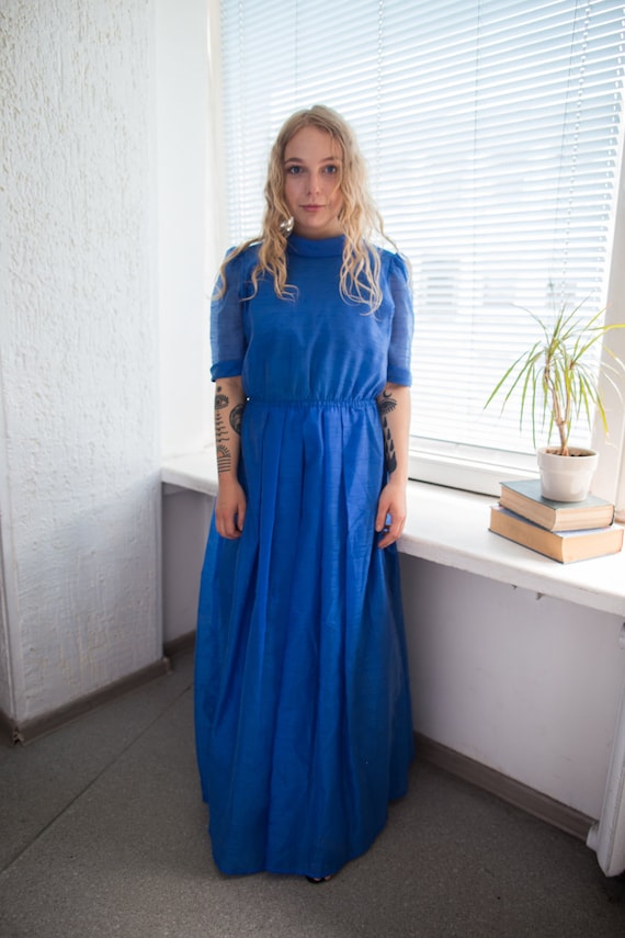 Vintage 60's Blue Double Layer Maxi Puff Sleeved D