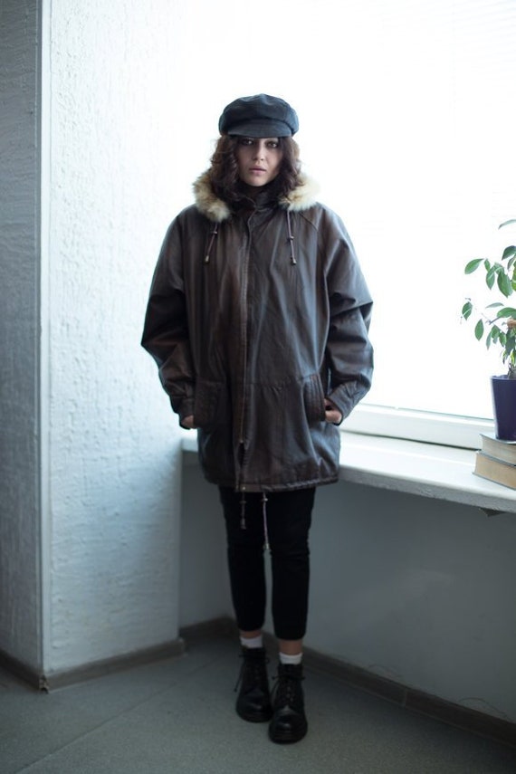 Vintage 80's Brown Leather Zip Up Parka Coat
