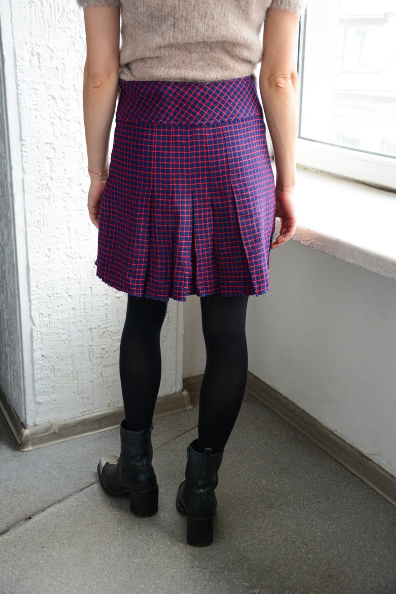 Vintage Blue Checked Pleated Mini Skirt image 3