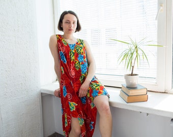 Vintage 80's Red Patterned Midi Sleeveless Dress