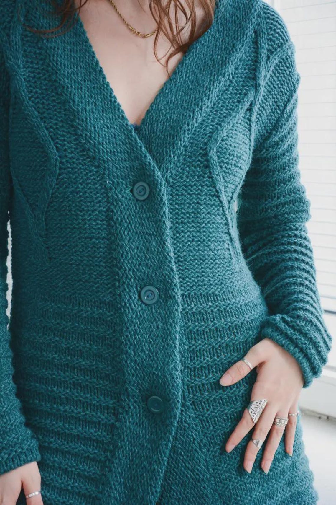 Vintage Bohemian Blue/Green Knitted Long Fit Cardigan, foto 3 di 4
