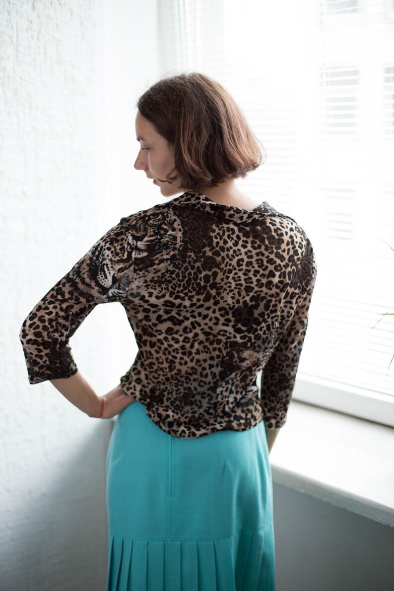 Vintage 80/'s Brown 34 Sleeved Animal Print Top