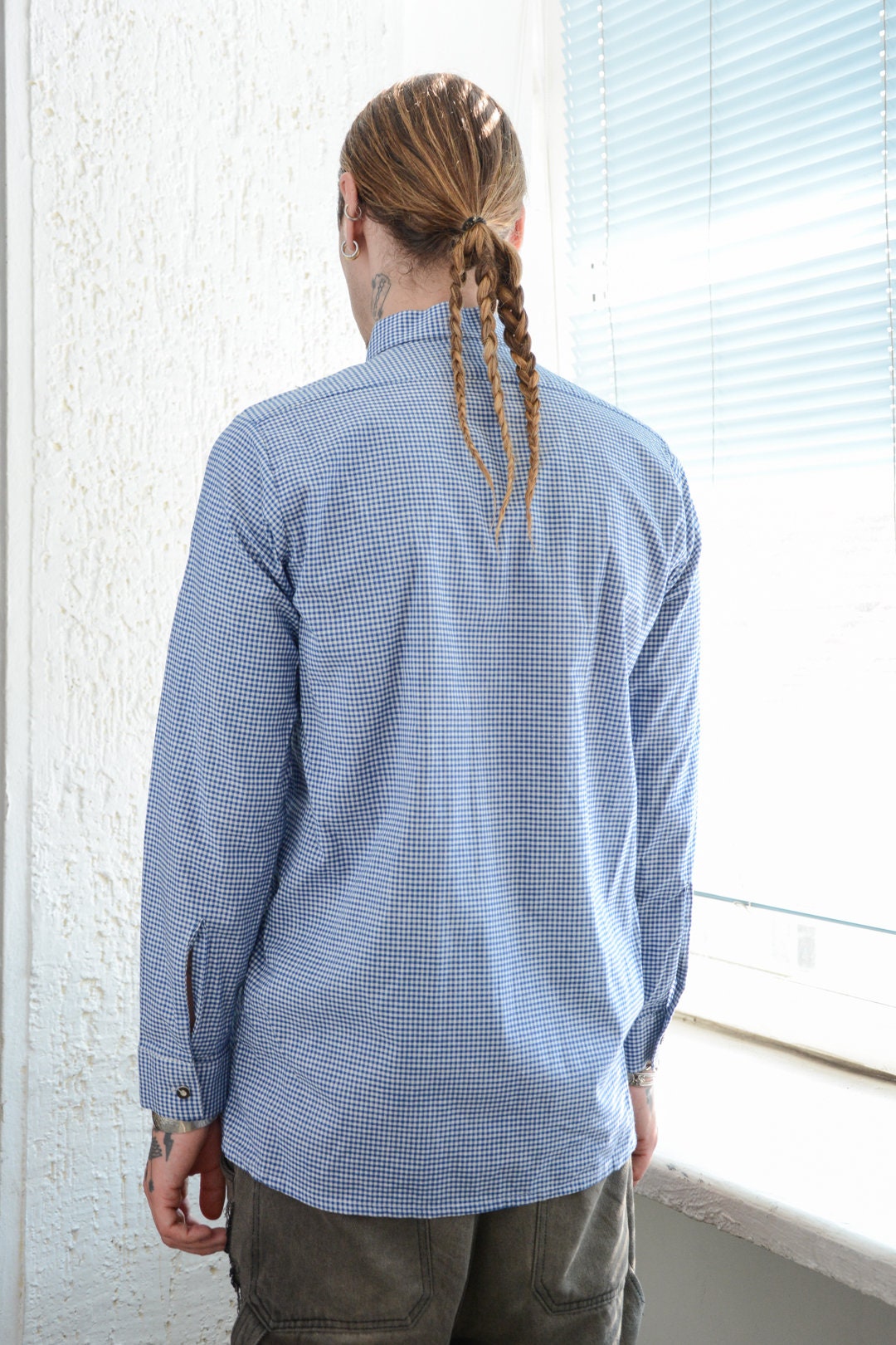トップス OLD vtg cotton check long shirt Checkered Shirt Vintage 90s Plaid Top Grey Black Viscose