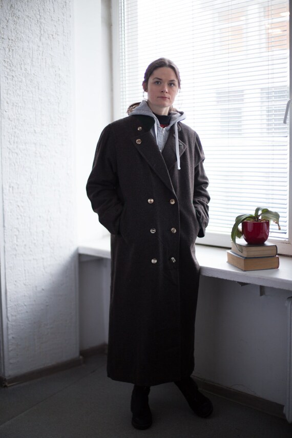 Vintage 80's Maxi Wool Double Breasted Coat In Gre