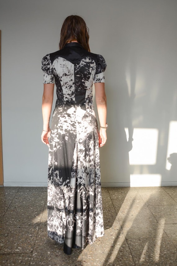just cavalli ジャストカヴァリブラックシルク切替シアーフリルスカート Vintage JUST CAVALLI Black/white Animal Print Puff Sleeve Maxi