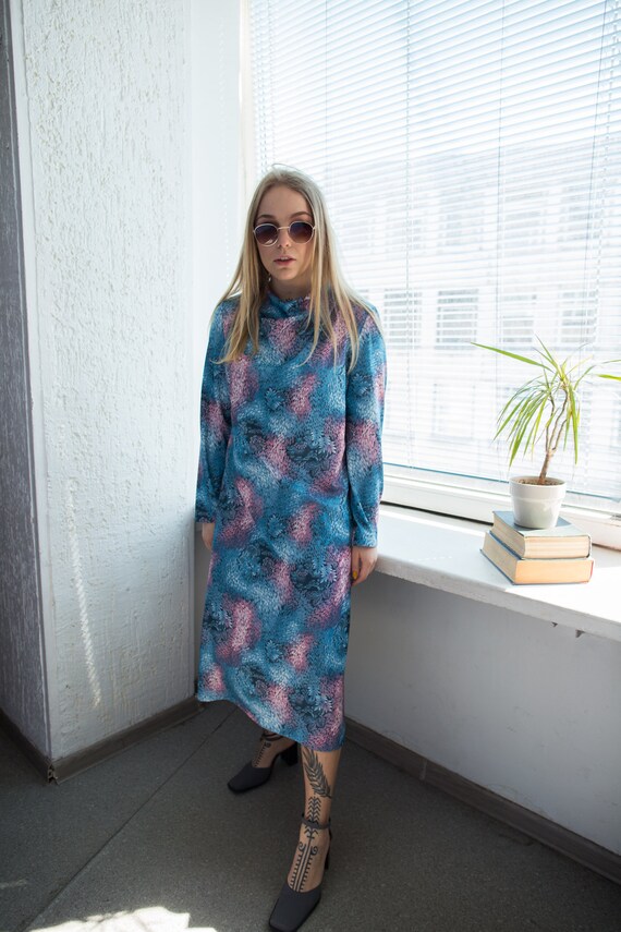 Vintage 70's Blue/Pink Floral Print Midi Long Slee