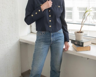 Vintage 70s FURNKRANZ Blue Wool Blazer | Retro Cropped Wool Blend Jacket | Size 8-12 UK | Minimalist 1970s Short Jacket