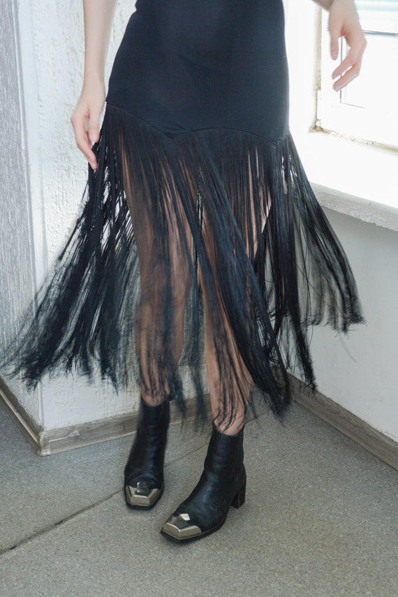 Vintage 60's Black High Collar Fringe French Dress - image 6