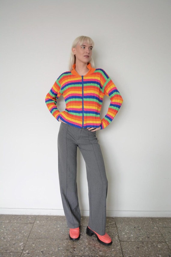Vintage Rainbow Hand Knit Ribbed Cotton Cardigan