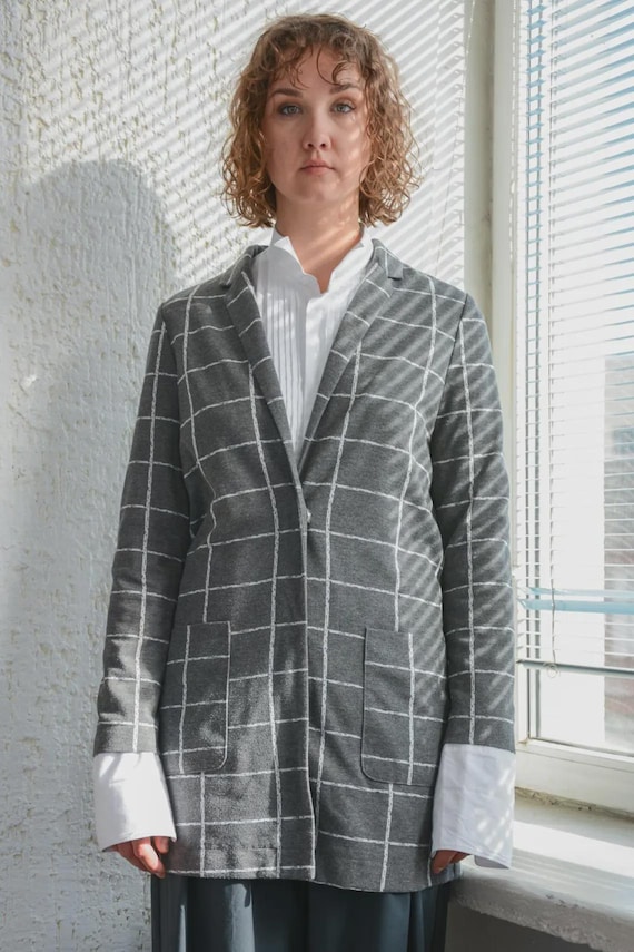 Vintage Grey Long Fit Checked Blazer