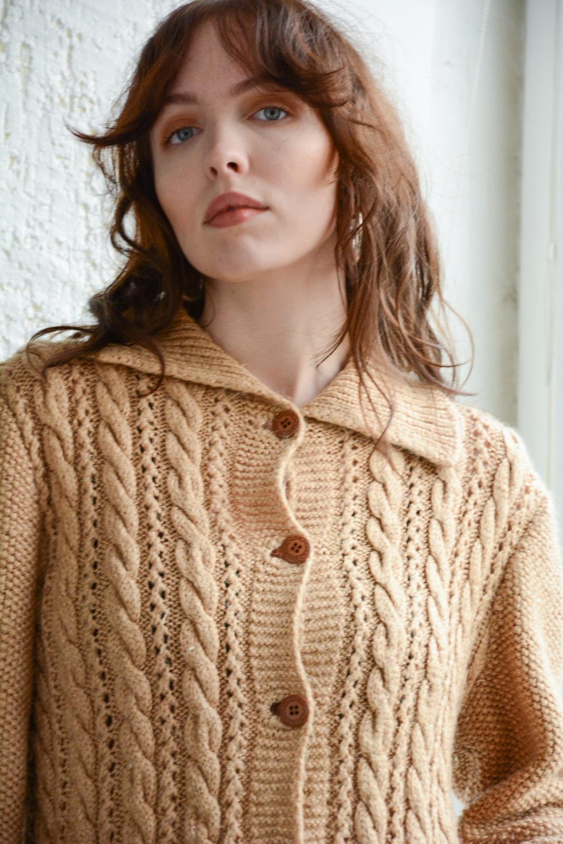 Vintage Bohemian Beige Wool Blend Cardigan, foto 4 di 5