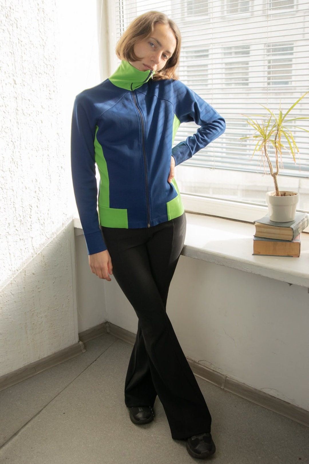 Vintage 70's Green Track Suit High Collar Top - Etsy