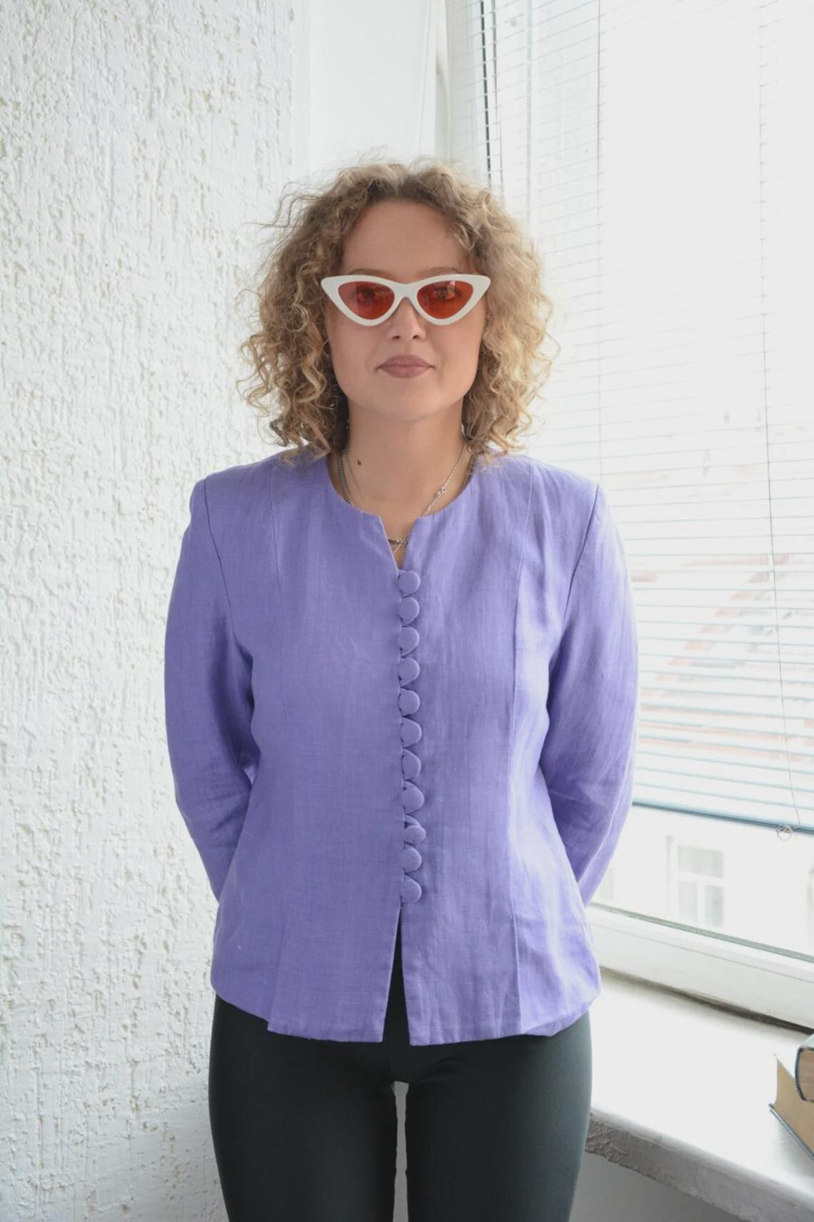 Vintage Funky Purple Linen Blazer Jacket, foto 4 di 4