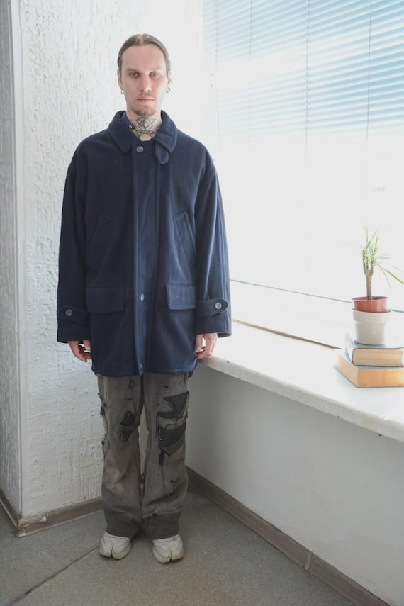 Vintage Minimalist Navy Blue Wool Parka Coat