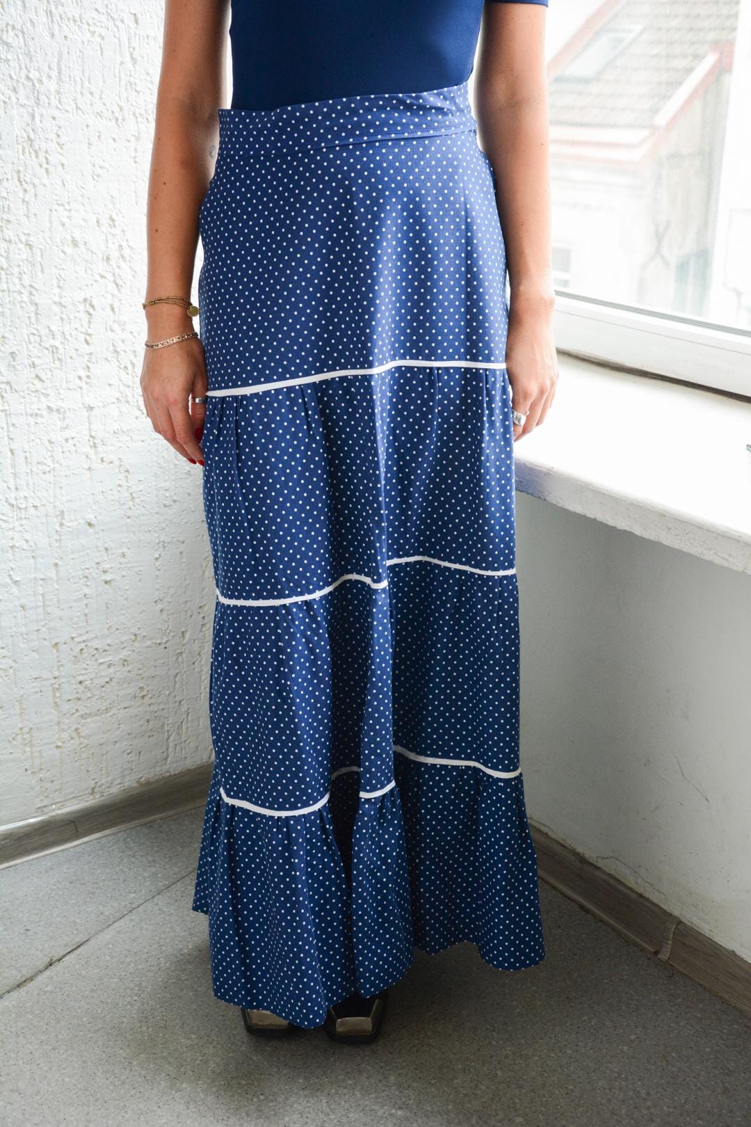 【BAON】Doito Banding Dot Long Skirt TangDao Women's High Waist A-line Fishtail Polka Dots(Black