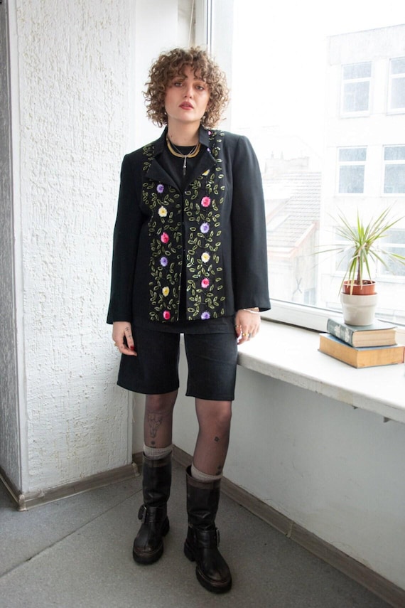 Vintage Mod Black Beaded Front Blazer Jacket
