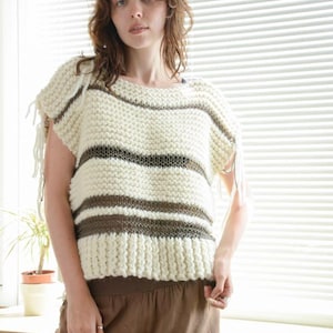 Hand Knitted Chunky Oversized White Striped Vest
