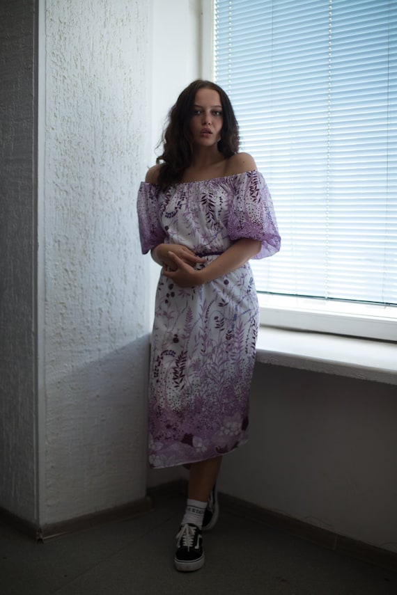 Vintage 80's Midi Puff Sleeved Dress In Purple/Whi