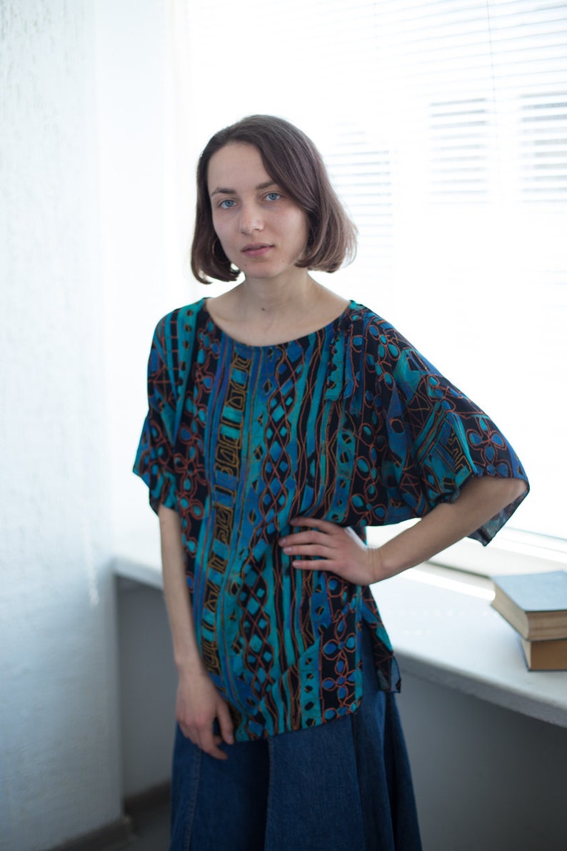 Vintage 80/'s Patterned Blue Blouse
