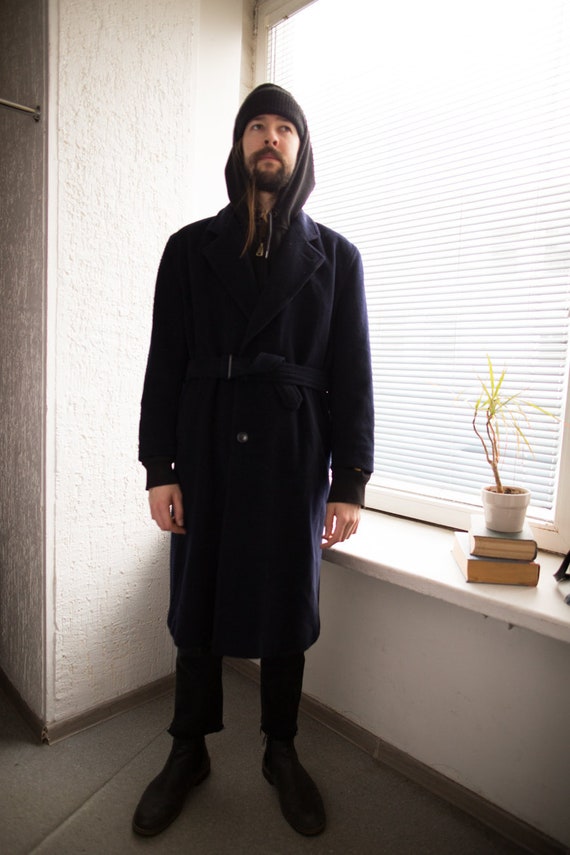 Vintage 70's Navy Wool Textured Belted Coat