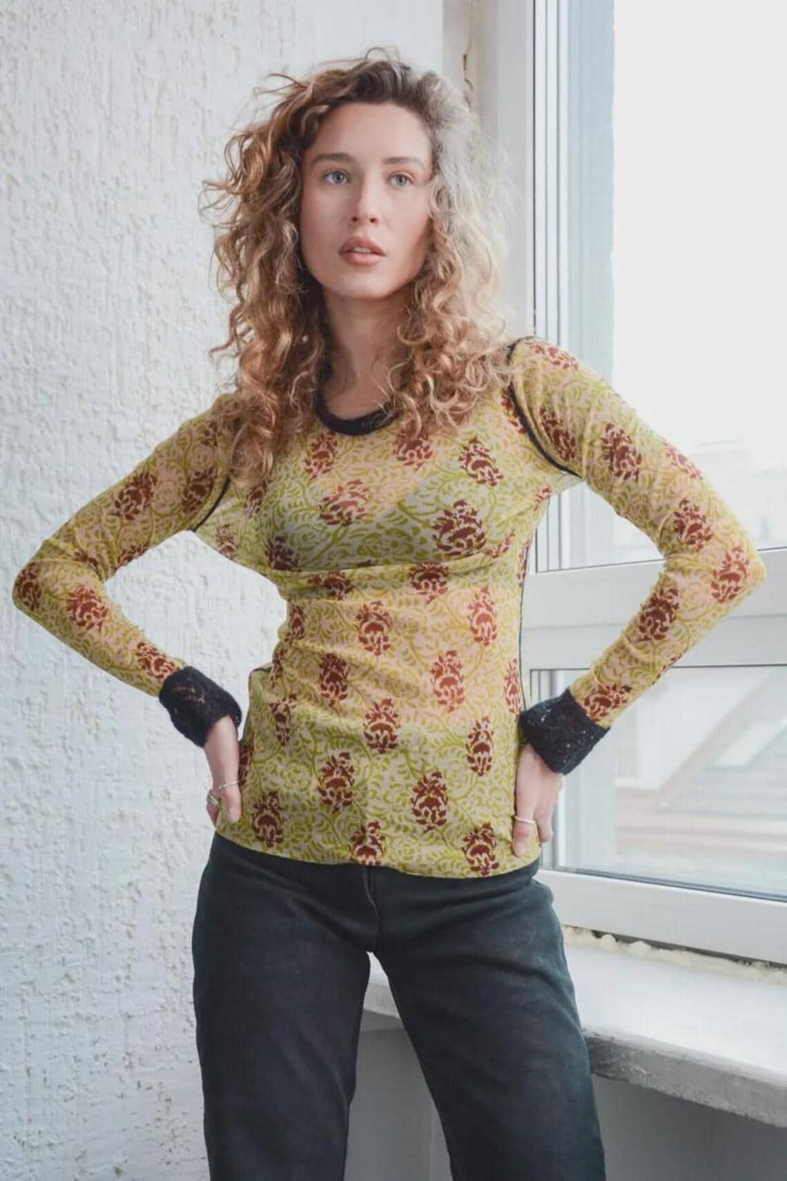 JEAN PAUL GAULTIER Mesh Indian Woodblock Print Mohair Trim Top