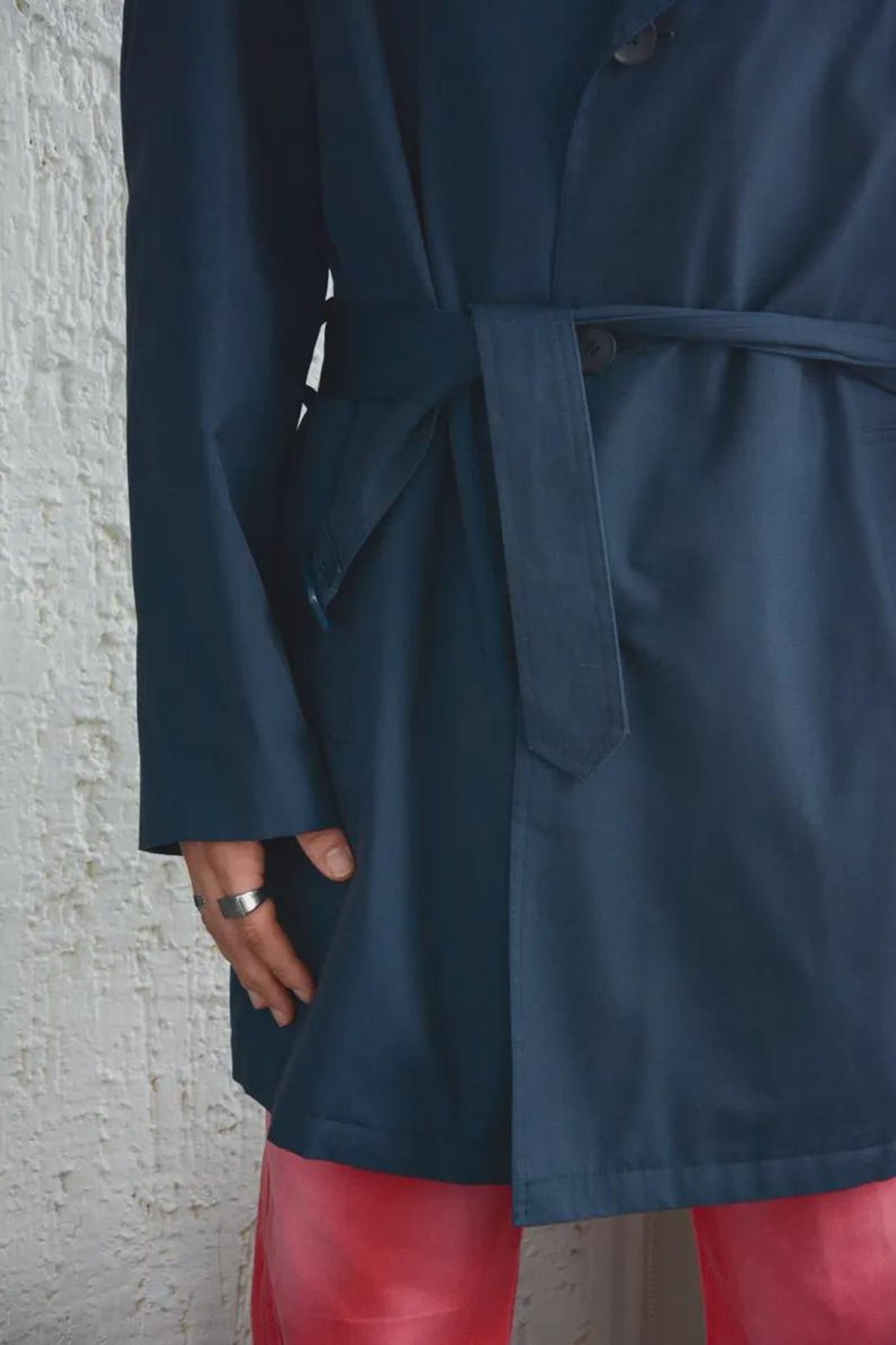 Vintage Bohemian Navy Blue Trench Coat, foto 4 di 5
