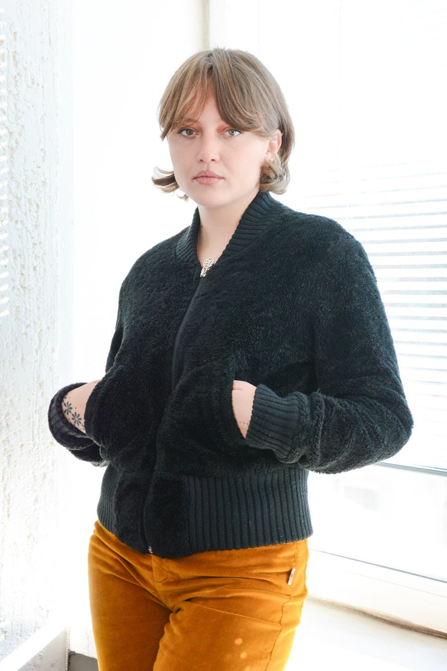 Black faux fur bomber jacket womens hot sale