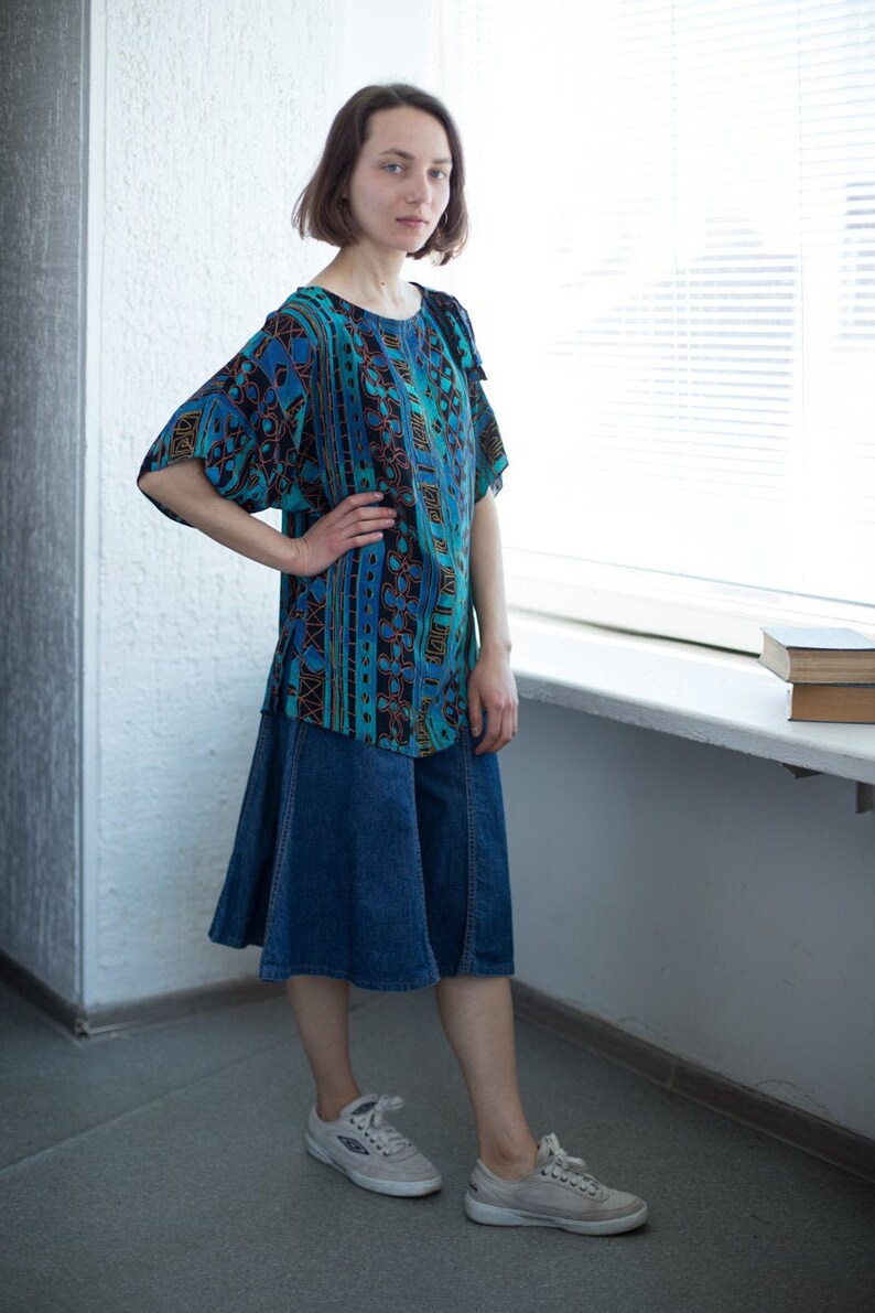 Vintage 80/'s Patterned Blue Blouse