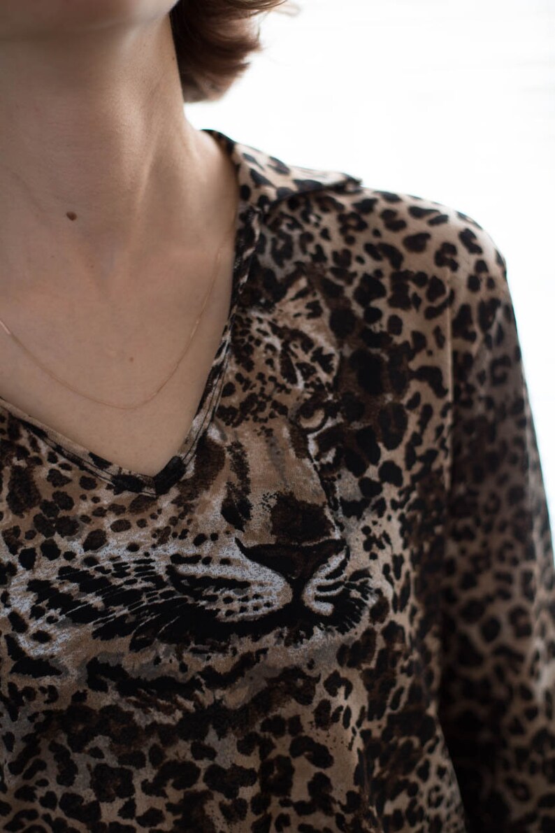 Vintage 80/'s Brown 34 Sleeved Animal Print Top