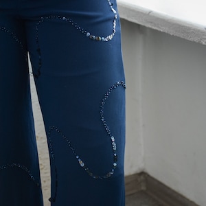 Vintage Navy Blau Perlen Hose mit breiter Passform