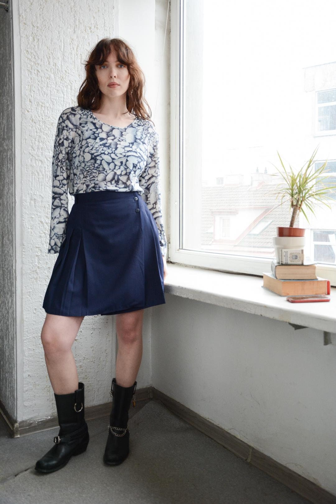 Women's Navy Blue Printed Flared Mini Skirt