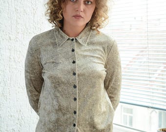 Camisa vintage de terciopelo con estampado animal beige