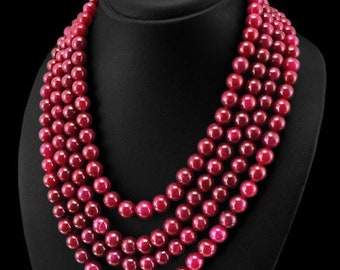 RARE 459.00 CTS EARTH MINED 5 LINE ROUND SHAPED RICH RED RUBY BEADS NECKLACE