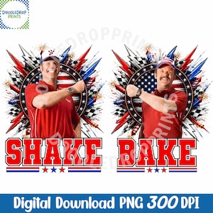 Pode incluir: Um gráfico digital com dois homens em camisas polo vermelhas e bonés de beisebol, cada um posando com um braço estendido. O fundo inclui um design circular da bandeira americana, raios e bandeiras quadriculadas. O texto SHAKE e BAKE aparece abaixo.