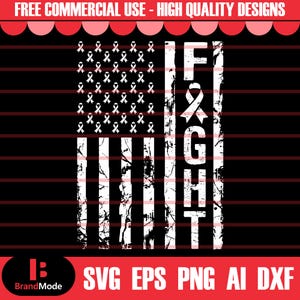May include: A white distressed American flag with a pink ribbon and the word "FIGHT" in white letters. The flag is on a black background.