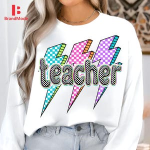 Retro Teacher Lightning Bolt PNG, Colorful Checkered Teacher Sublimation, Back to School Png, Teacher PNG, Teacher checkered Png