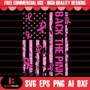 Puede incluir: Un diseño de cinta rosa con las palabras "Back the Pink" sobre un fondo de bandera estadounidense desgastado. El diseño es perfecto para apoyar la concienciación sobre el cáncer de mama.