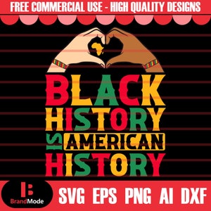 May include: Black History is American History text with a heart shape formed by two hands, one with a gold bracelet and the other with a brown bracelet. The heart shape contains a silhouette of the continent of Africa. The text is in red, green, yellow, and black.