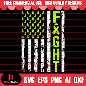 May include: A distressed American flag design with a green ribbon and the word "FIGHT" in green letters. The flag is made up of white and black stripes with green ribbons in the top left corner.