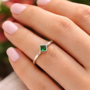 Emerald Green Square Ring, Sterling Silver Dainty Stackable Gemstone Ring