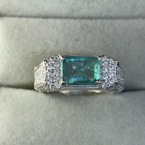 Emerald Cut Green Emerald Ring: 925 Sterling Silver, Gold Plated