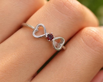 Minimal Double Heart Garnet Ring, January Birthstone Ring, Open Heart Promise Ring, Delicate Silver Romantic Gift for Her