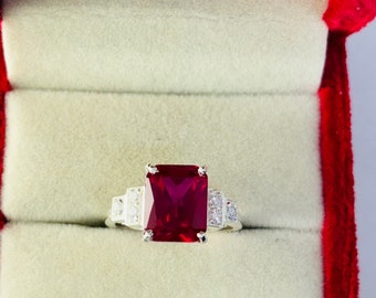 Emerald Cut Ruby Ring: 925 Sterling Silver Engagement Ring